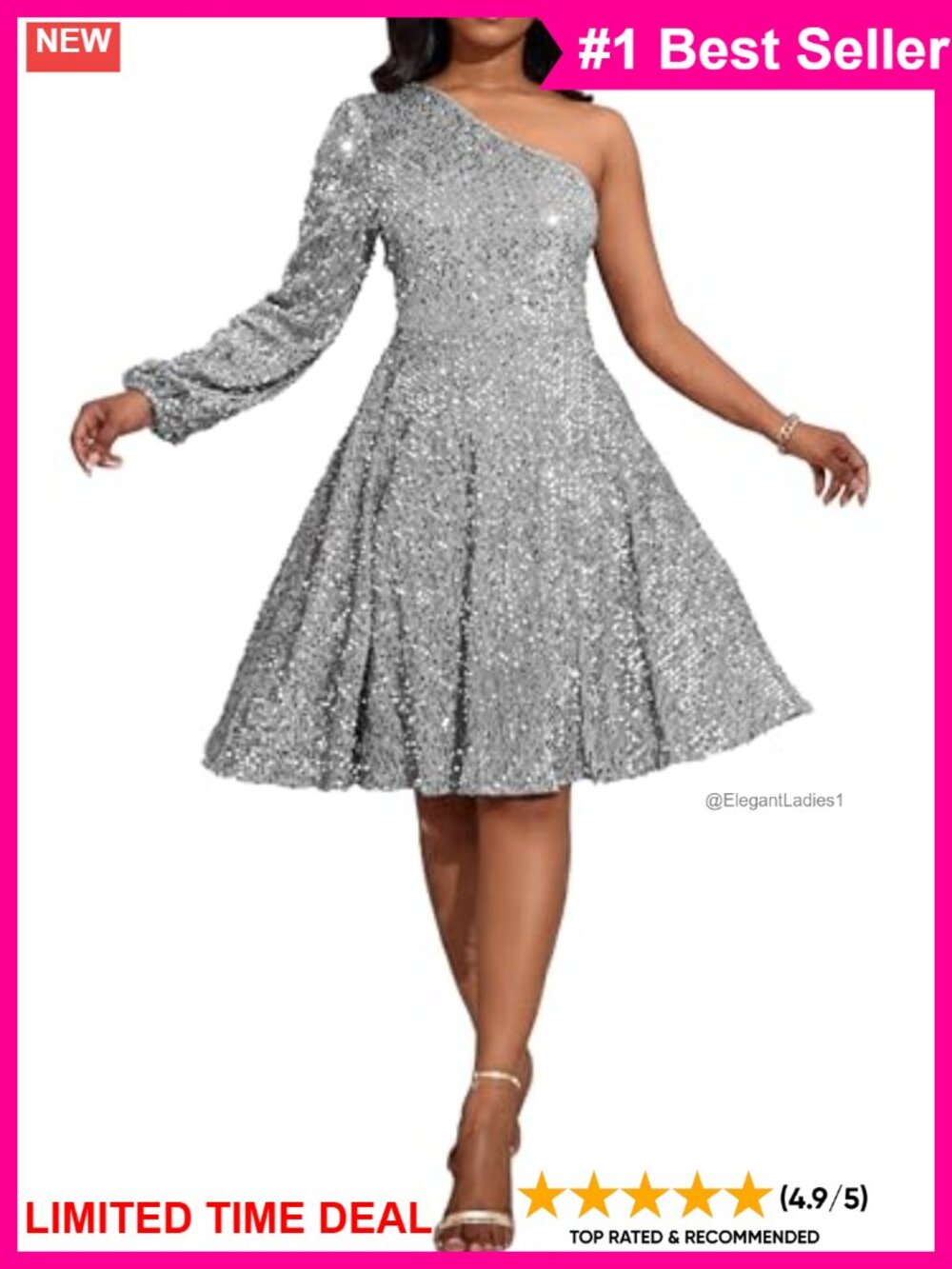 Sequins One Shoulder Long Sleeve Skater Midi Dress Party Cocktail